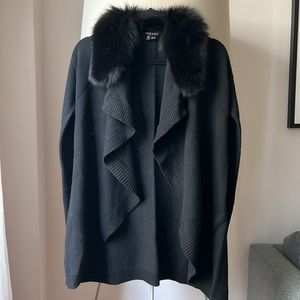 THEORY 100% Wool open-front cardigan with detachable fox fur collar